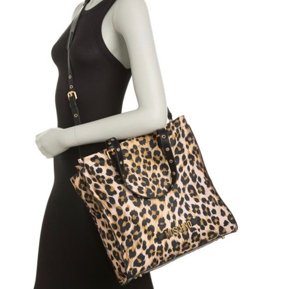 SOLD⛔️Authentic MOSCHINO leather/cotton cheetah print top zip tote/Crossbody - Picture 7 of 16